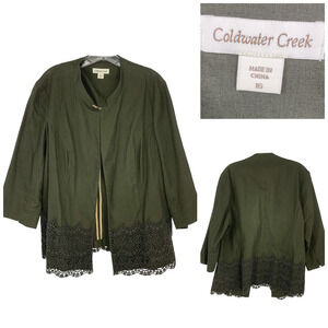 Coldwater Creek Sz 16 Olive Green Lace Trim Linen Blend Open Front Jacket Topper